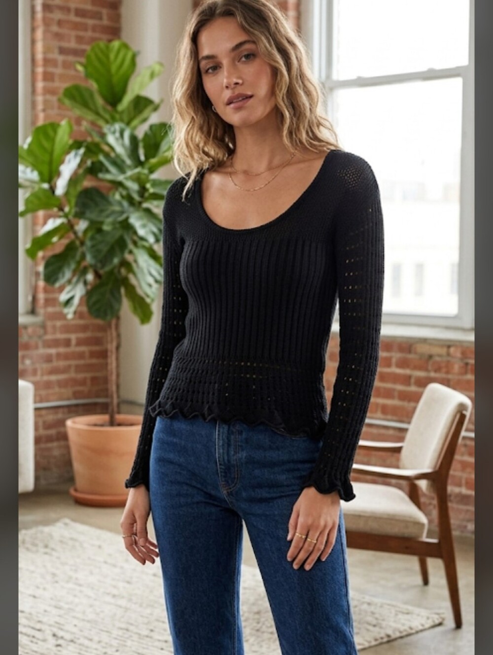 Black Ribbed Scoop Neck Sweater